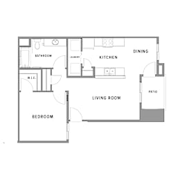 A floor plan of a living space with a bedroom, kitchen, dining area, and bathroom.