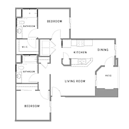 A floor plan of a house with a living room, kitchen, dining area, and three bedrooms.