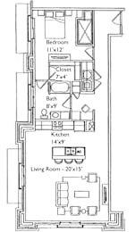 A floor plan of a small apartment with a bedroom, living room, kitchen, and bathroom.