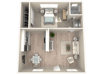 a 3d rendering of a bedroom with a bathroom and a living room at Sunnymead Apts Apartments, Moreno Valley, California