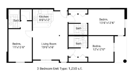 1 Bed 1 Bath Floor Plan at International Village UCR Student Housing, Riverside California