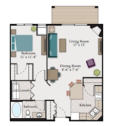 A floor plan of a small apartment with a living room, dining room, kitchen, bedroom, and bathroom.