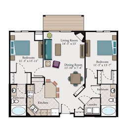 A floor plan of a house with a living room, two bedrooms, a dining room, a kitchen, a bathroom, and a laundry area.