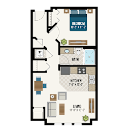 A floor plan of a small apartment with a bedroom, bath, kitchen, and living room.