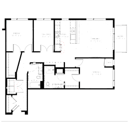 A floor plan of a building with labeled rooms and areas.