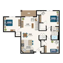 A floor plan of a house with a deck, two bedrooms, a living room, a dining area, a kitchen, and a bathroom.