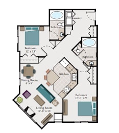 A floor plan of a house with a living room, dining room, kitchen, and three bedrooms.