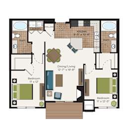 Two bedroom floor plan with central living area at The Communities of River Crossing Apartments, Saint Paul, MN 55116