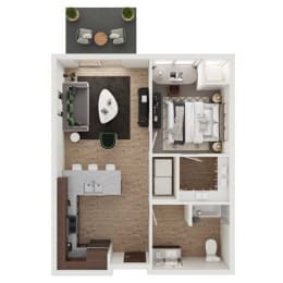 a stylized floor plan with a bedroom and a bathroom