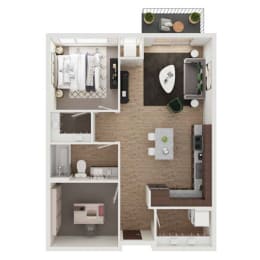 a stylized floor plan with a bedroom and a living room