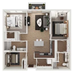 a 3d rendering of a residential floor plan with a bedroom and living room