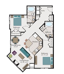 A floor plan of a house with a living room, dining room, kitchen, and three bedrooms.