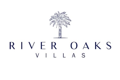 A logo with a palm tree and the words "River Oaks Villas".
