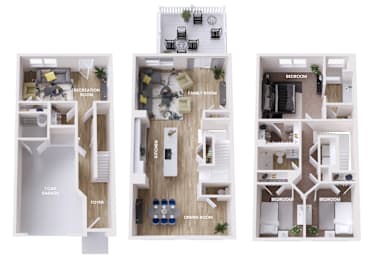 A diagram shows the layout of a small apartment with a recreation room, family room, and two bedrooms.