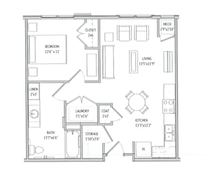 A floor plan of a small apartment with a bedroom, living room, kitchen, bathroom, laundry, and storage space.