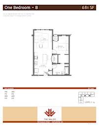 A floor plan for a one bedroom apartment at The Waldo.