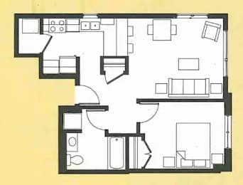 A floor plan of a house with a kitchen, living room, and two bedrooms.