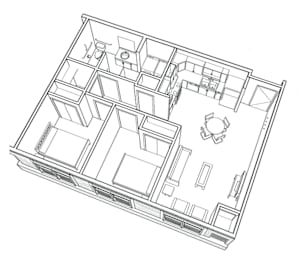 A black and white drawing of a house plan.