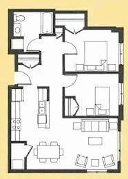 A floor plan of a house with a kitchen, living room, dining room, and two bedrooms.