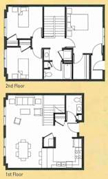 A drawing of a two-story house plan with the first and second floor labeled.