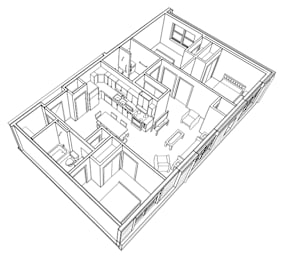 A black and white drawing of a house plan.