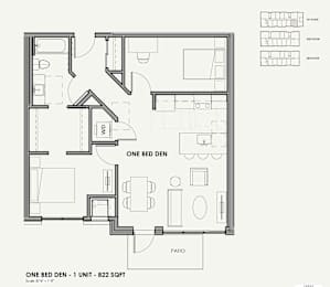 A black and white image of a one bedroom apartment floor plan.