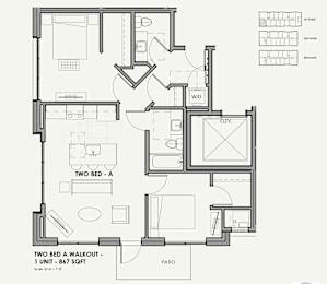A black and white image of a two bedroom apartment layout.
