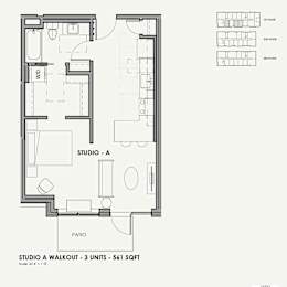 A black and white drawing of a studio apartment layout.