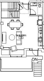 A floor plan of a room with furniture and appliances.