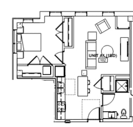 A floor plan of a unit shows a living room, a kitchen, and a bathroom.