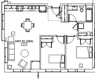A floor plan of a unit with a kitchen, living room, and two bedrooms.
