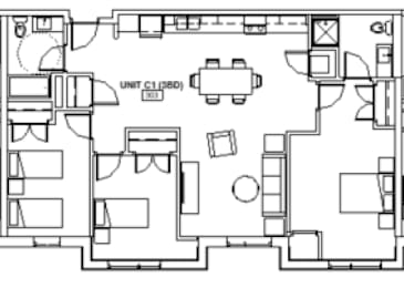 A floor plan of a unit with a kitchen, living room, and bedrooms.