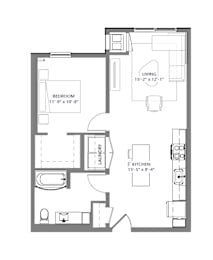 A floor plan of a small apartment with a bedroom, laundry, and kitchen.