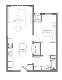 A floor plan of a small apartment with a living room, kitchen, laundry, and bedroom.