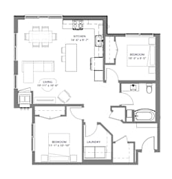 A floor plan of a house with a kitchen, living room, two bedrooms, and a laundry room.