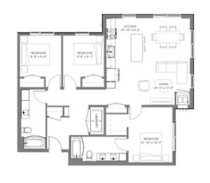 A floor plan of a house with a kitchen, living room, and three bedrooms.
