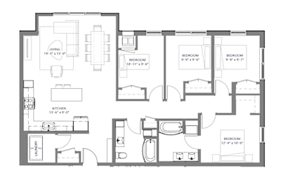 A black and white image of a floor plan for a house with a living room, kitchen, and four bedrooms.