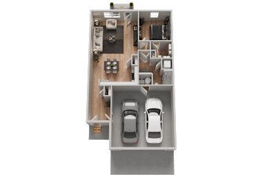 A floor plan of a house with two cars parked in the garage.