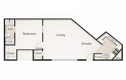 A floor plan of a small apartment with a bedroom, living room, and kitchen.