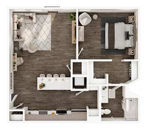 A top-down view of a modern apartment layout with a kitchen, living room, and bedroom.