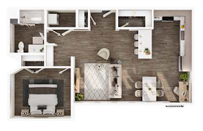 A top-down view of a modern apartment layout with a kitchen, living room, and bathroom.