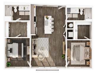 A series of images showing different views of a small, modern, and well-organized apartment.