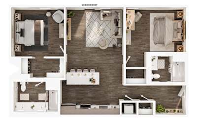 A top-down view of a well-organized apartment with a kitchen, living room, and bathroom.
