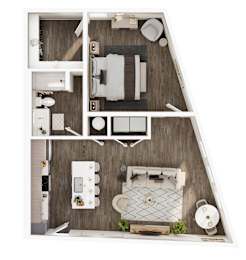 A top-down view of a small, neatly organized apartment with a kitchen, living room, and bathroom.