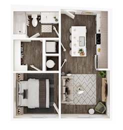 A top-down view of a small, neatly organized apartment with a kitchen, living room, and bathroom.