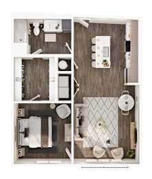 A top-down view of a small apartment with a kitchen, living room, and bathroom.