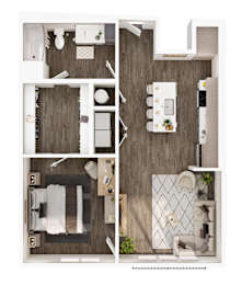 A top-down view of a small apartment layout with a kitchen, living room, and bathroom.