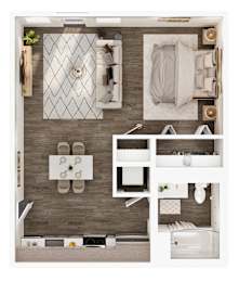 A top-down view of a modern bathroom with a shower, sink, and toilet.