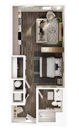 A top-down view of a modern bathroom with a toilet, sink, and mirror.