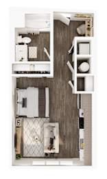 Studio Apartment A top-down view of a small apartment with a kitchen, living room, and bathroom.